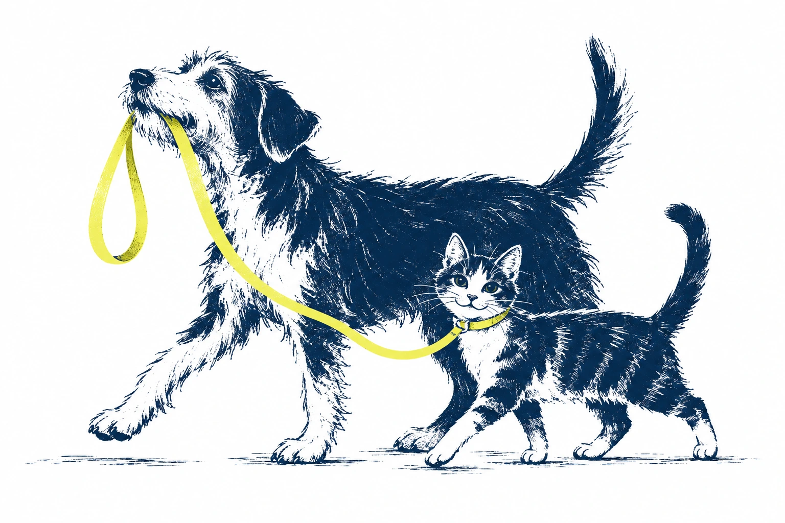 A terrier carrying a lead beside a small cat